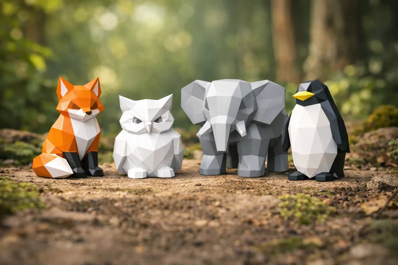Low-Poly Animal Set — Fox, Owl, Elephant, Penguin