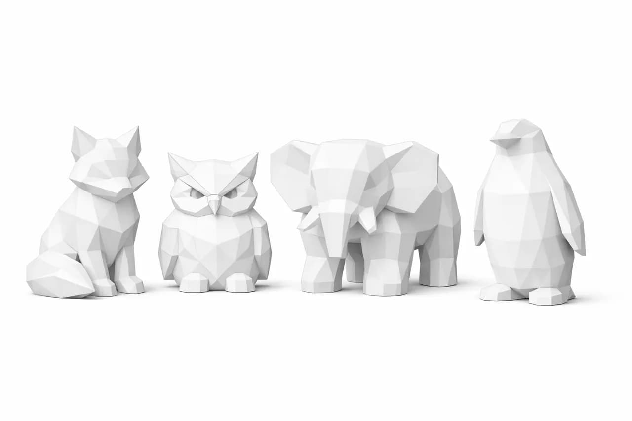 Low-Poly Animal Set — Fox, Owl, Elephant, Penguin